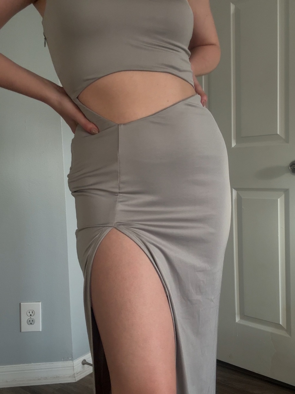 superdown Taupe Asymmetrical Cutout Satin Maxi Dress - Picture 2 of 5